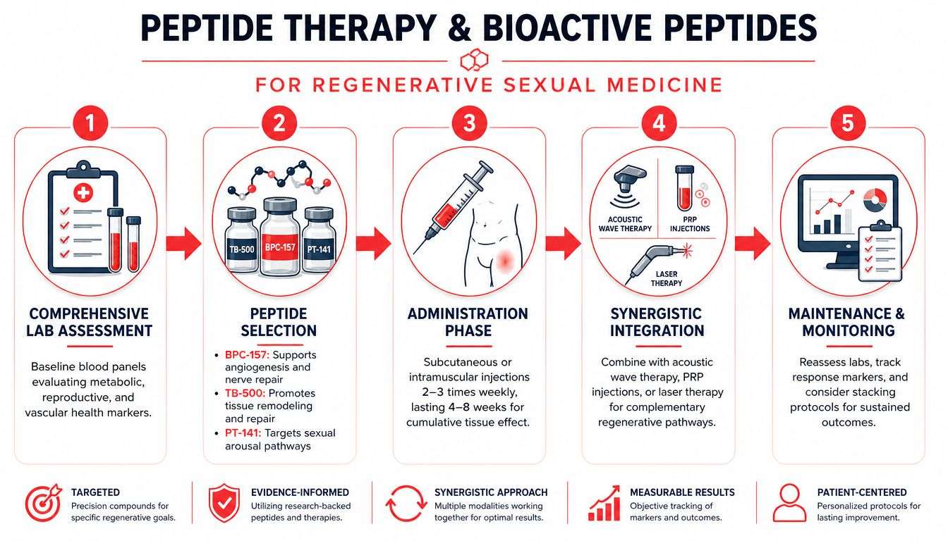 A flowchart showing the five steps of a peptide therapy process for regenerative sexual medicine programs.