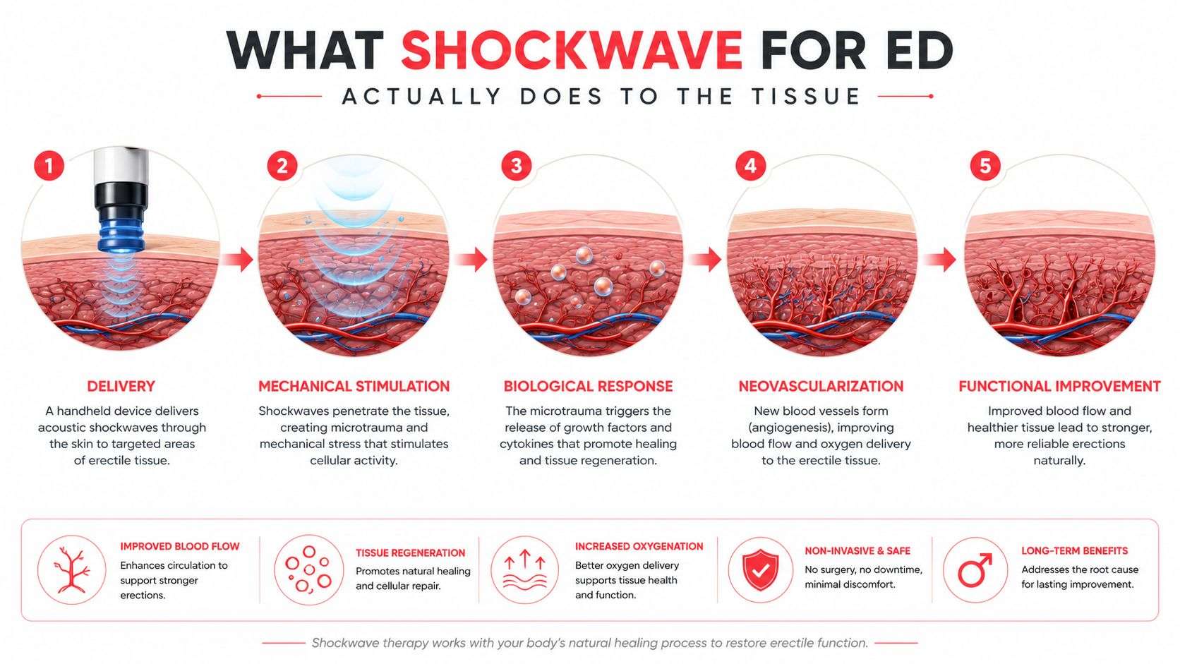A diagram illustrating the five-step physiological process of shockwave therapy treatment for erectile dysfunction and its benefits.