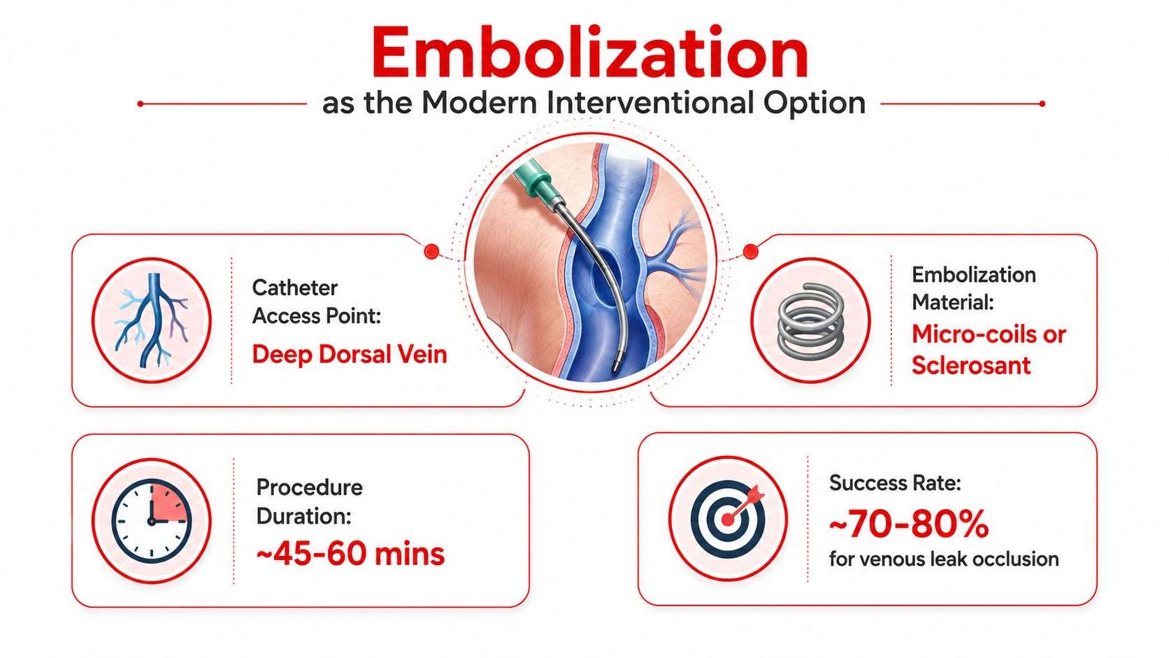 An infographic detailing the interventional embolization procedure, including access point, materials, duration, and success rates for venous leak.