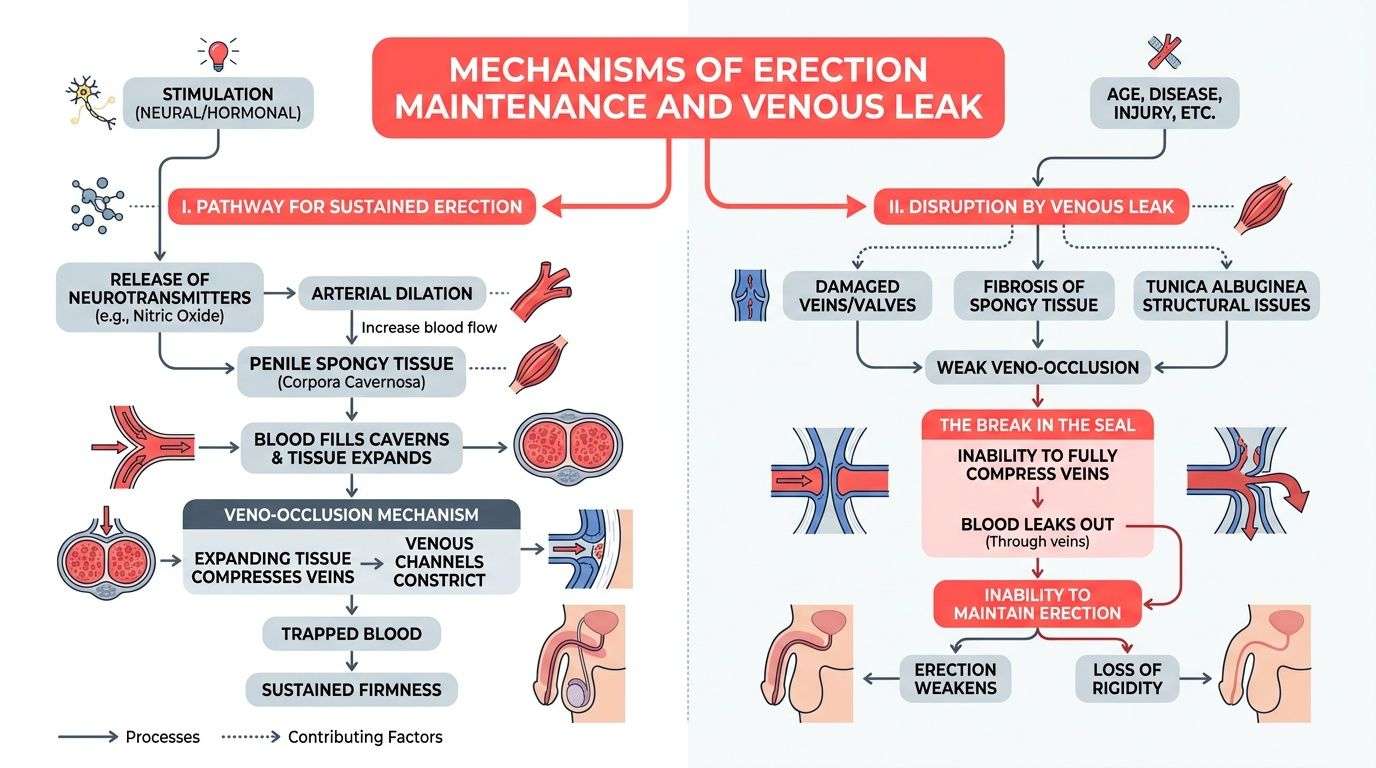 An educational infographic illustrating the biological mechanisms of penile erection maintenance versus venous leakage and its causes.