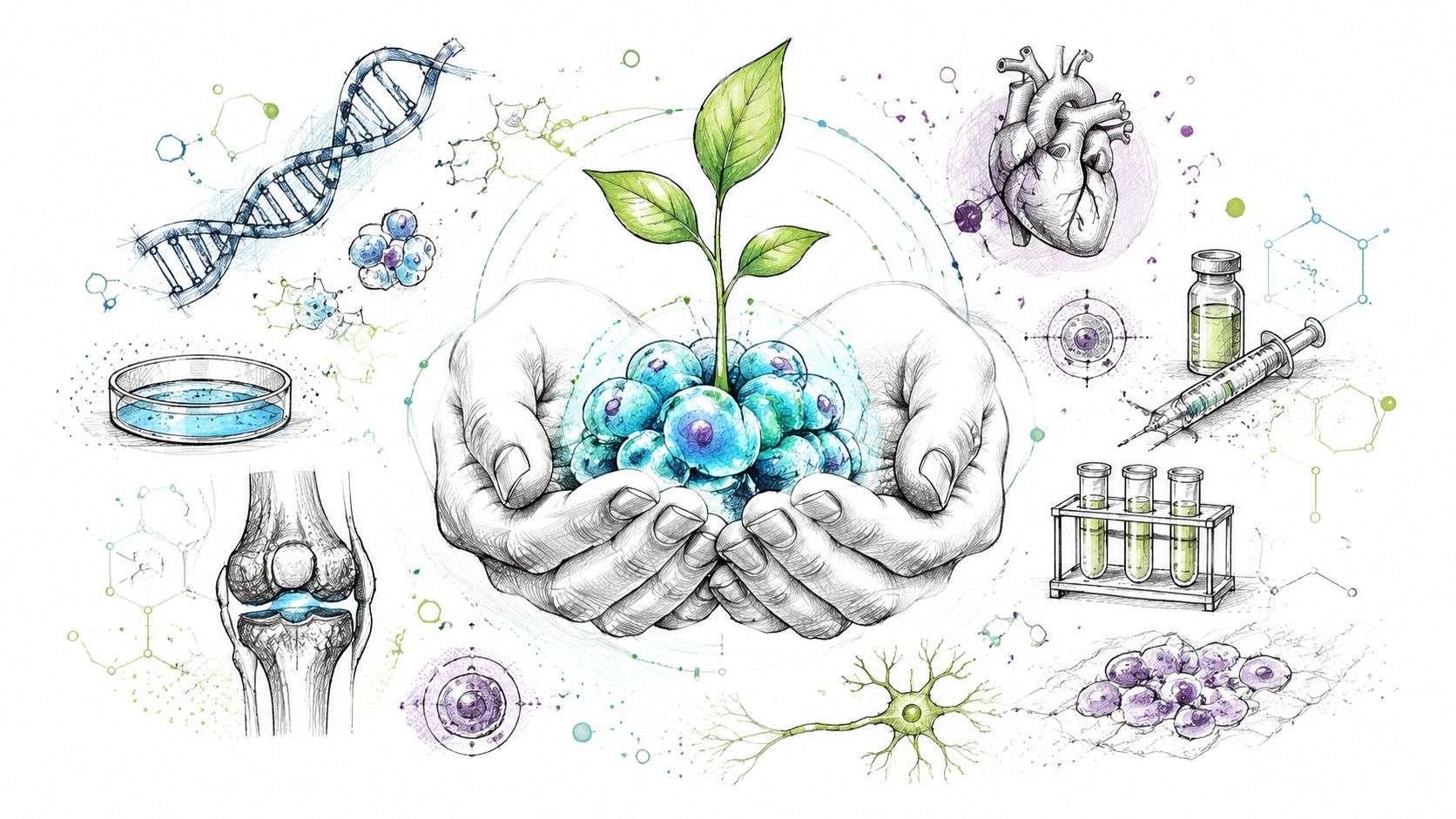 A hand-drawn illustration depicting biological research, DNA, a heart, a plant, and medical laboratory equipment.