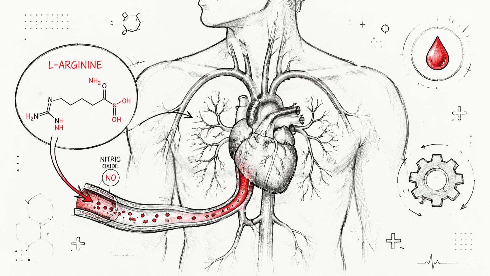 A diagram illustrating how L-Arginine contributes to the production of nitric oxide for vascular and heart health.