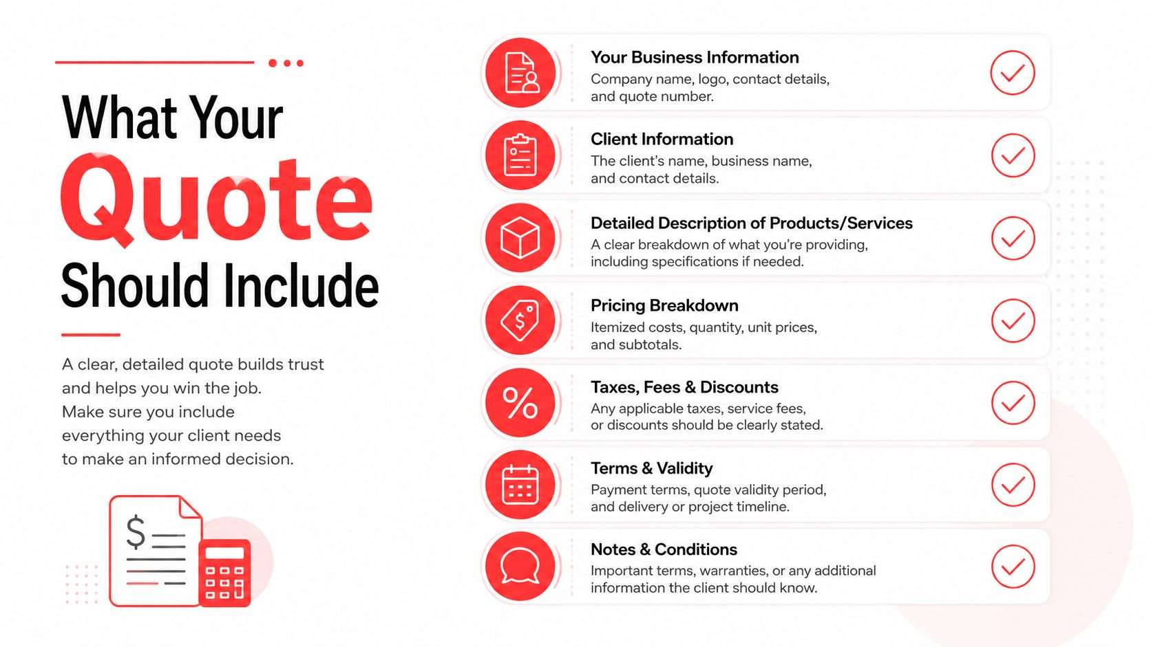 An infographic titled What Your Quote Should Include, listing essential components like business information, pricing, and terms.