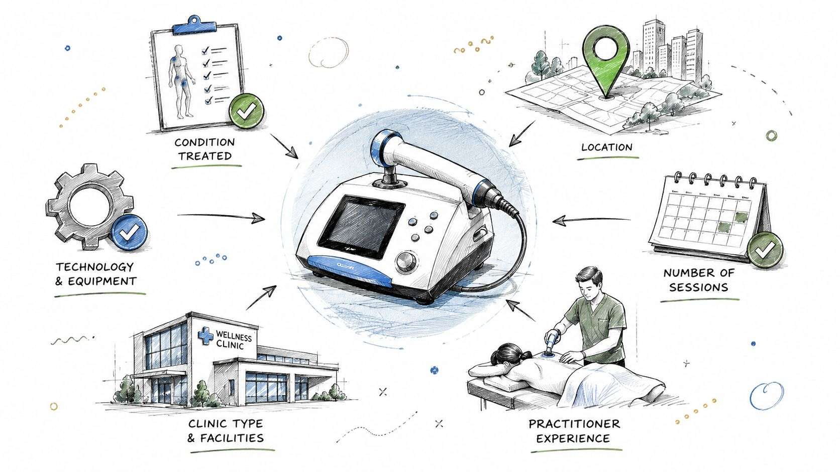 A hand-drawn illustration depicting various factors that influence the cost of acoustic wave therapy services.