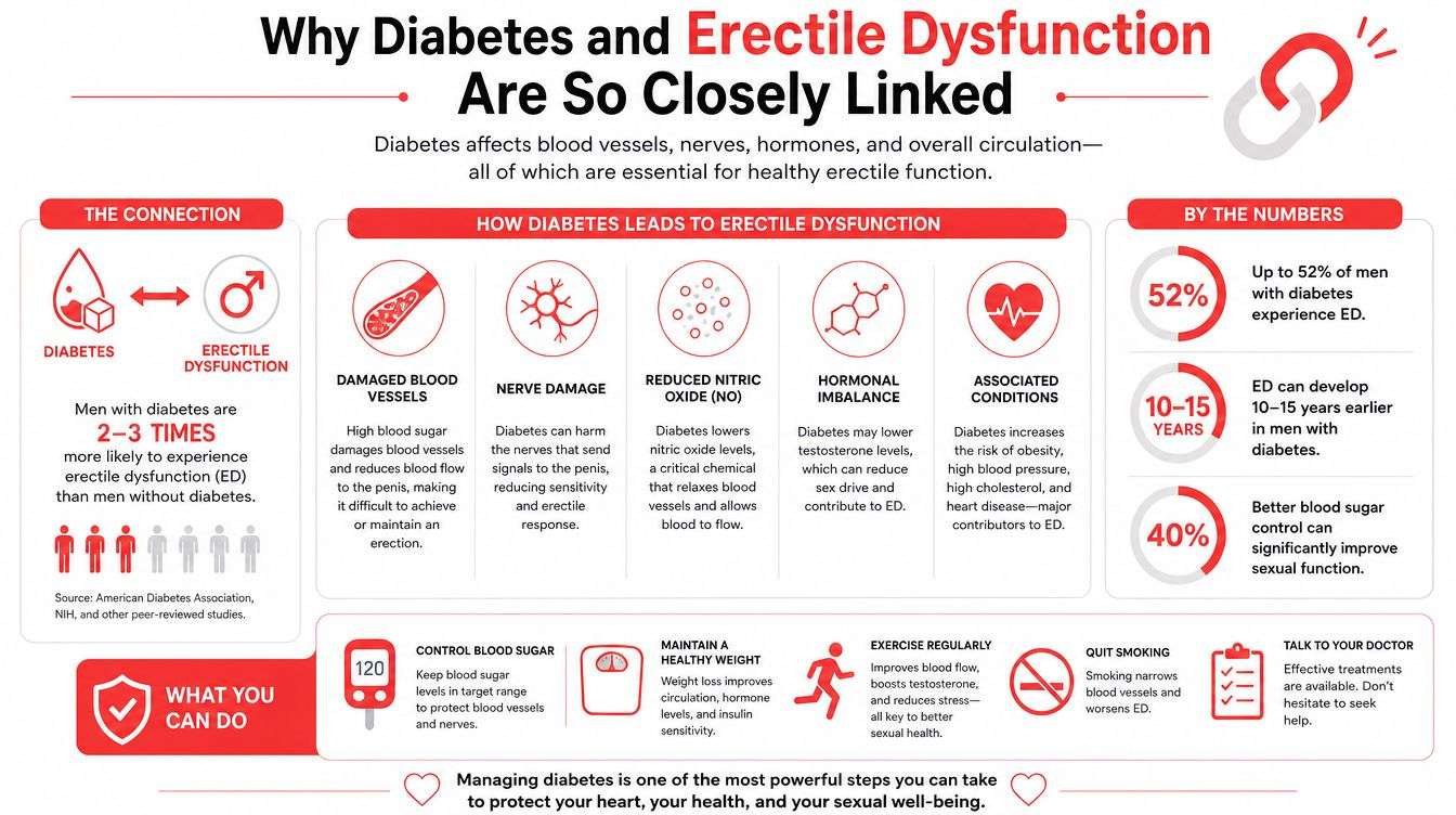 An infographic explaining how diabetes is linked to erectile dysfunction through blood vessel, nerve, and hormonal damage.