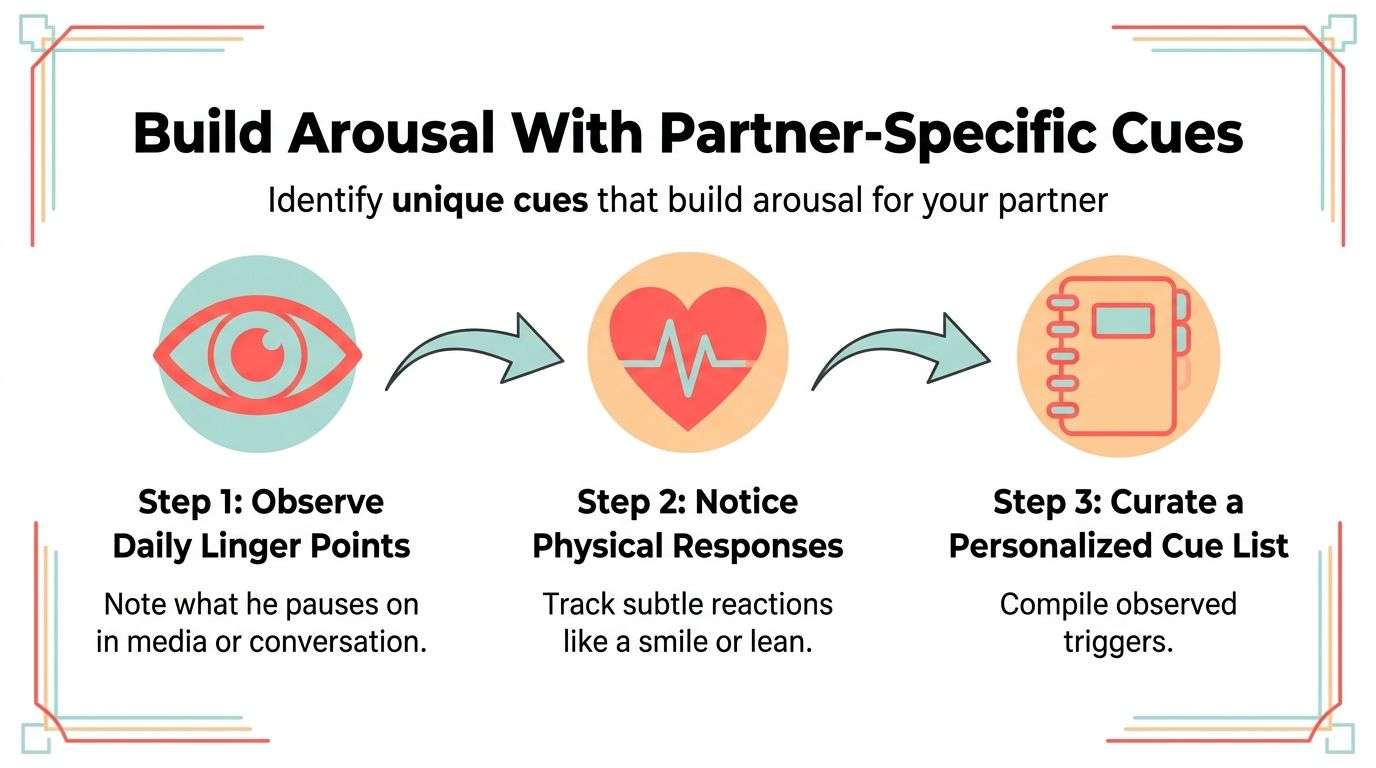 A diagram outlining three steps to build arousal by identifying and curating personalized cues for your partner.