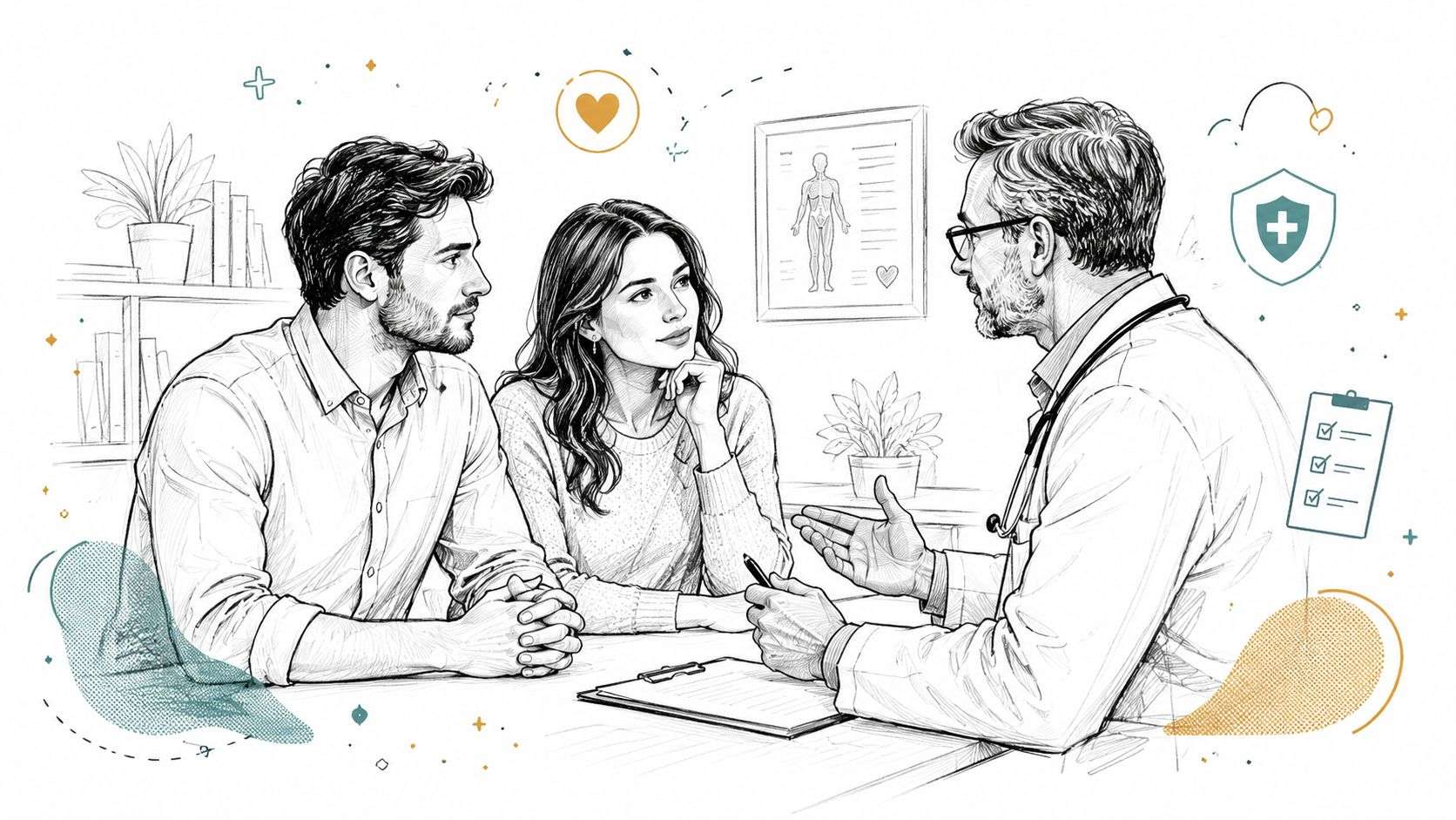 A couple having a professional medical consultation with a male doctor in an office setting.