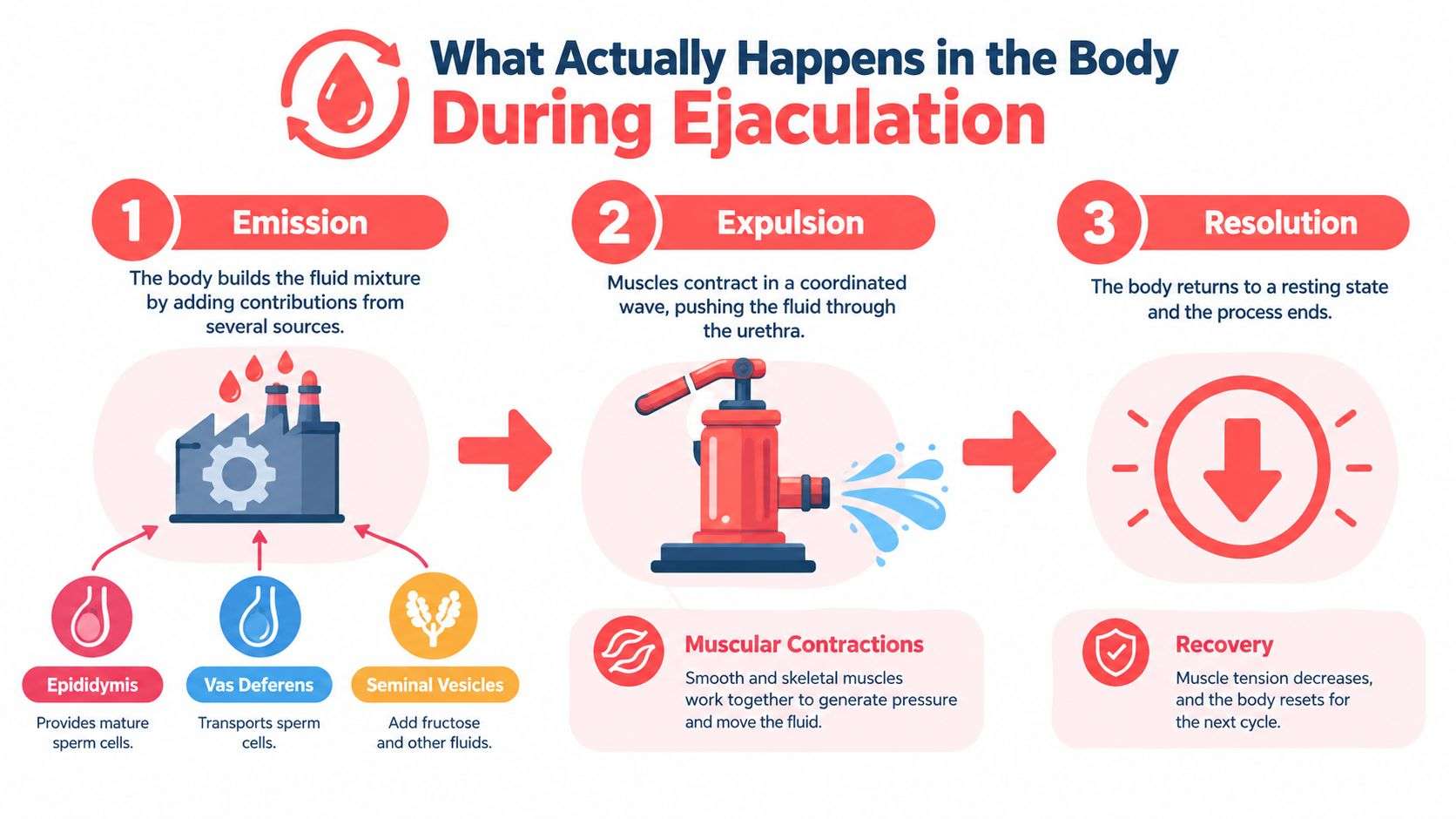An infographic showing the three stages of ejaculation in the human body: emission, expulsion, and resolution.