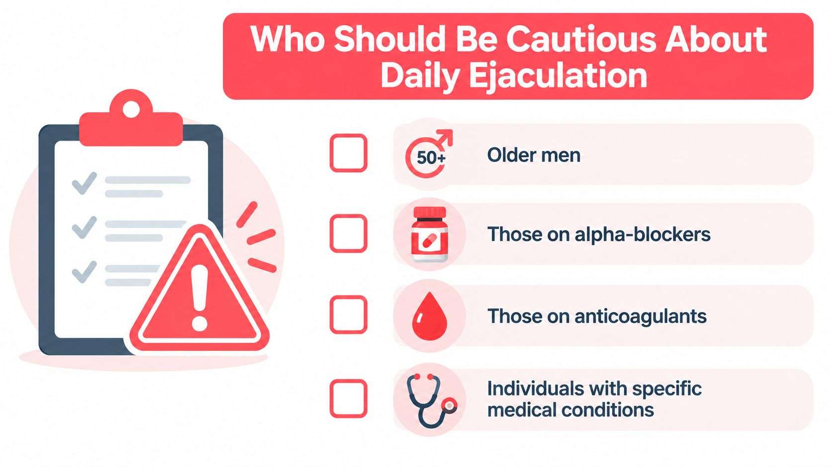A checklist infographic titled Who Should Be Cautious About Daily Ejaculation for specific health groups.