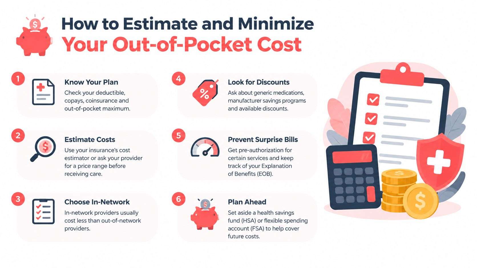 A helpful infographic showing six actionable steps to estimate and reduce your healthcare out-of-pocket expenses.